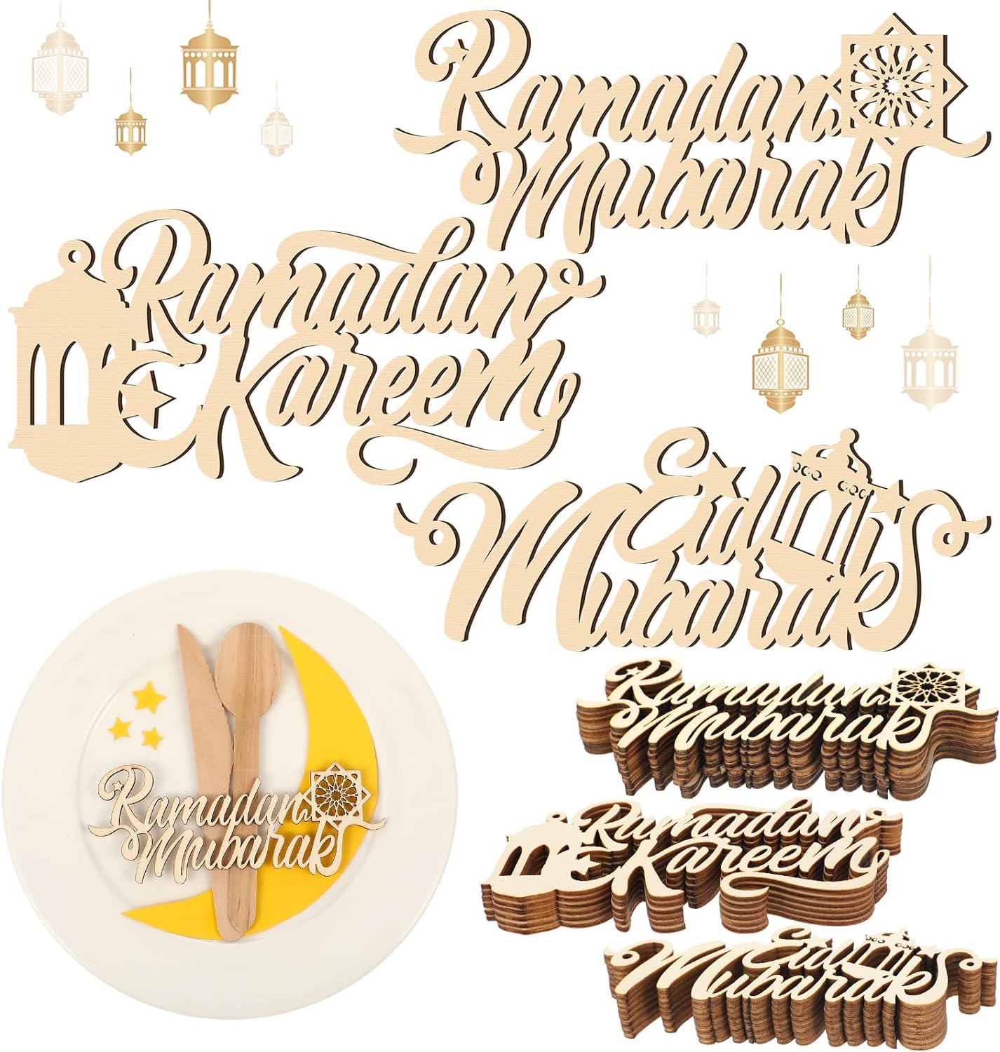 Wooden Ramadan decorations with 'Ramadan Mubarak' and other phrases on a white background.