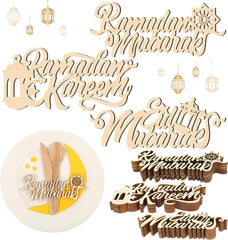 Wooden Ramadan decorations with 'Ramadan Mubarak' and other phrases on a white background.