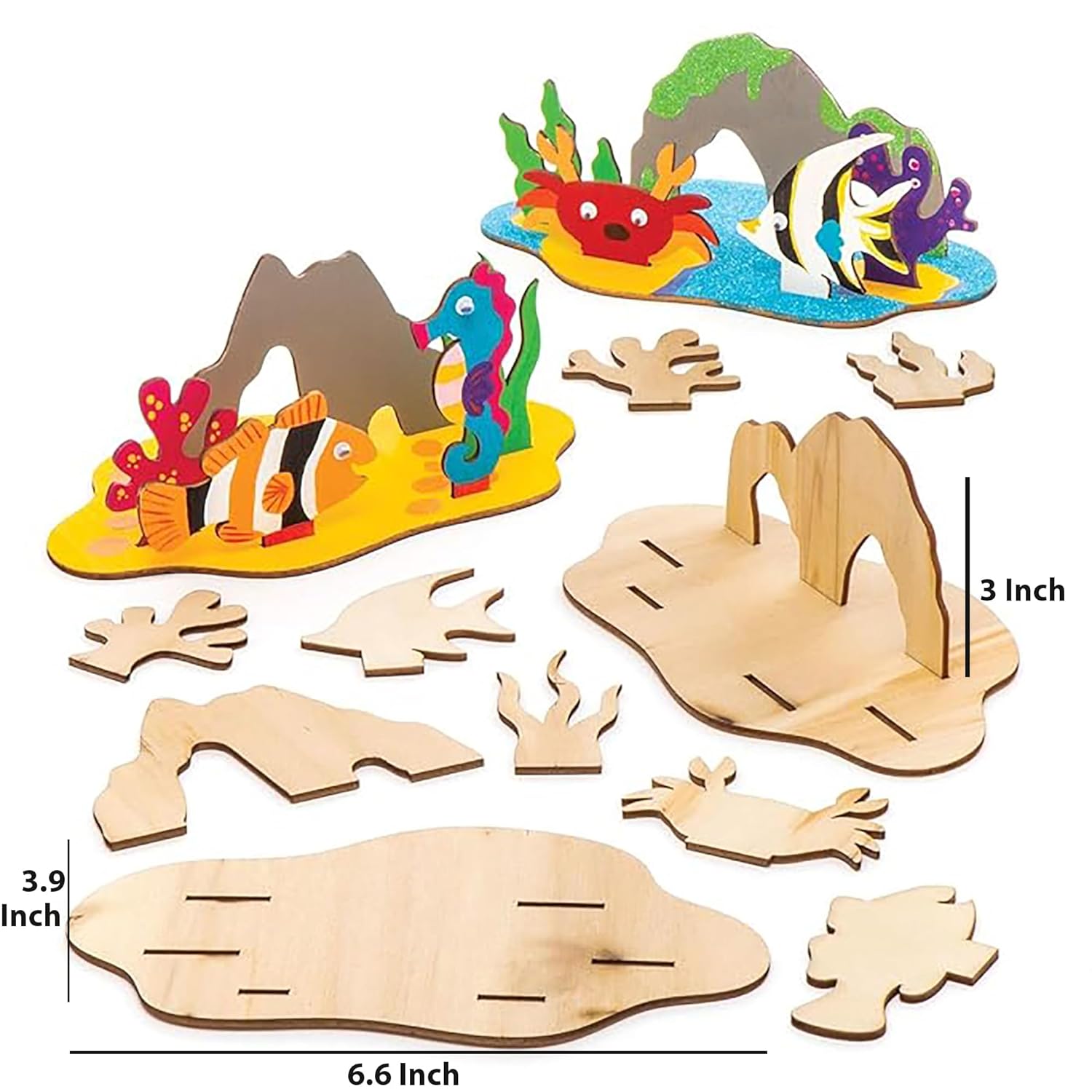 Set of wooden sea creature puzzles with measurements on a white background