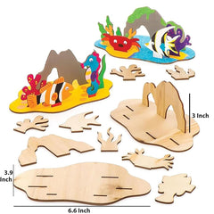 Set of wooden sea creature puzzles with measurements on a white background