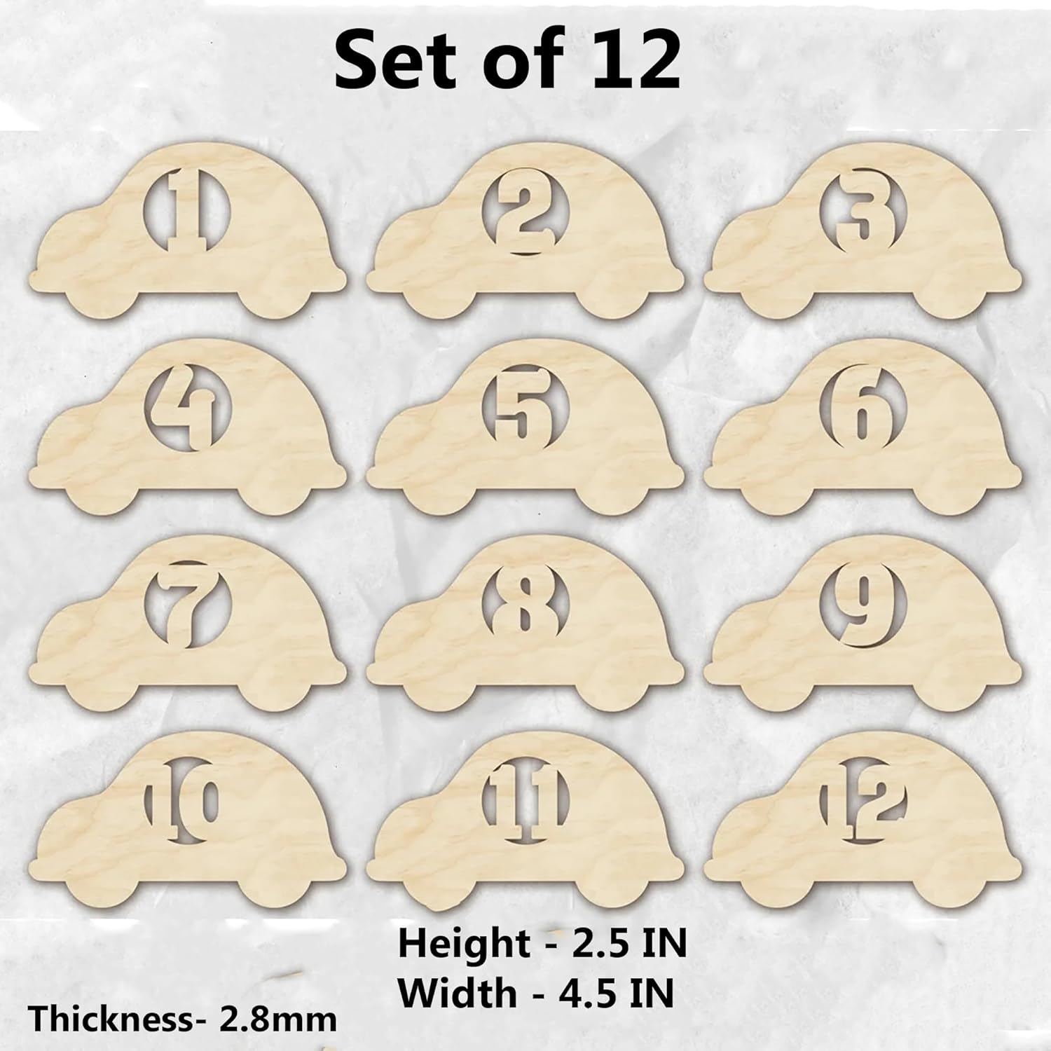 Set of 12 wooden car-shaped numbers on a white background
