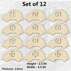 Set of 12 wooden car-shaped numbers on a white background