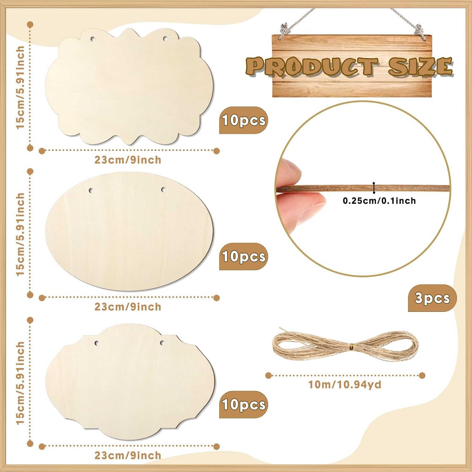 Product size chart with wooden shapes and measurement details on a beige background