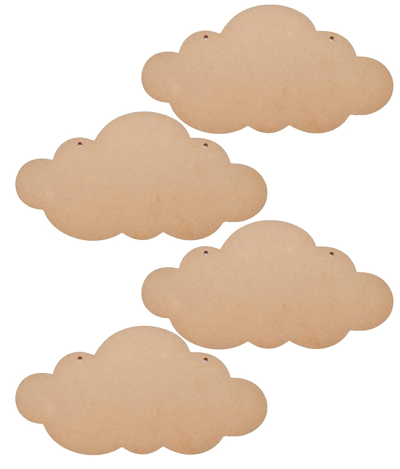 Four cloud-shaped wooden cutouts on a white background