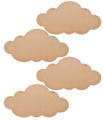 Four cloud-shaped wooden cutouts on a white background