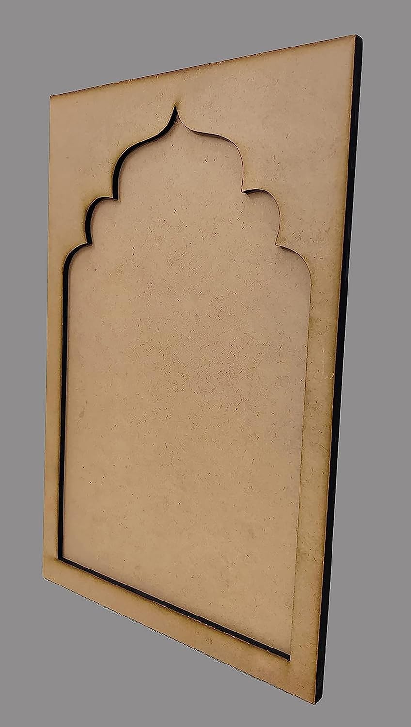 Beige decorative wall panel with cut-out arch design on a gray background