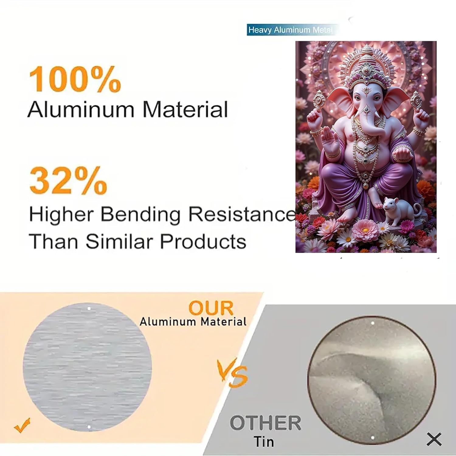 Advertisement comparing aluminum material to tin, featuring a deity statue and material samples.