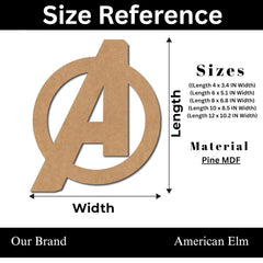Size reference chart for a wooden letter 'A' with dimensions and material details.