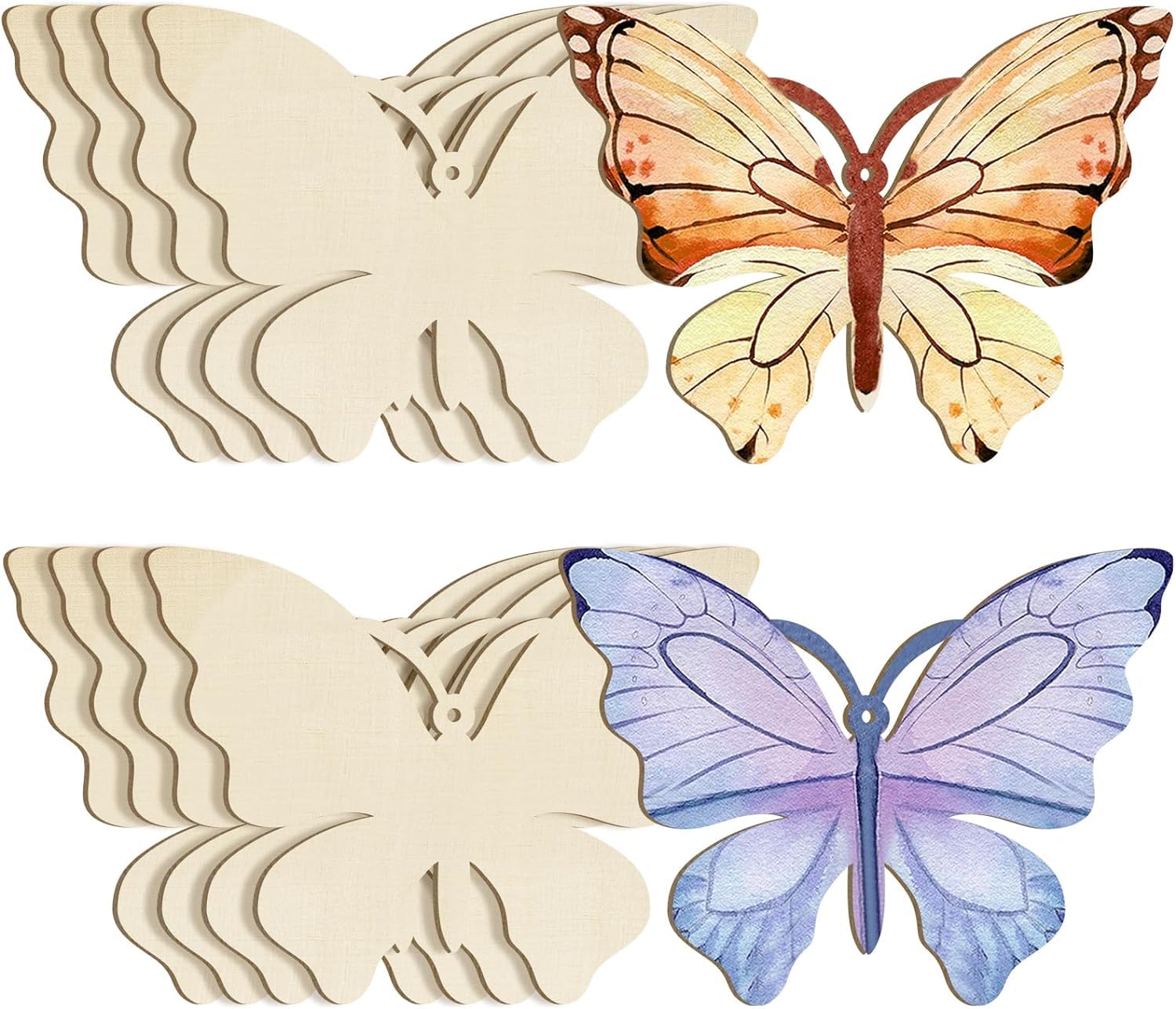 Butterfly-shaped wooden cutouts with stained glass designs on a white background