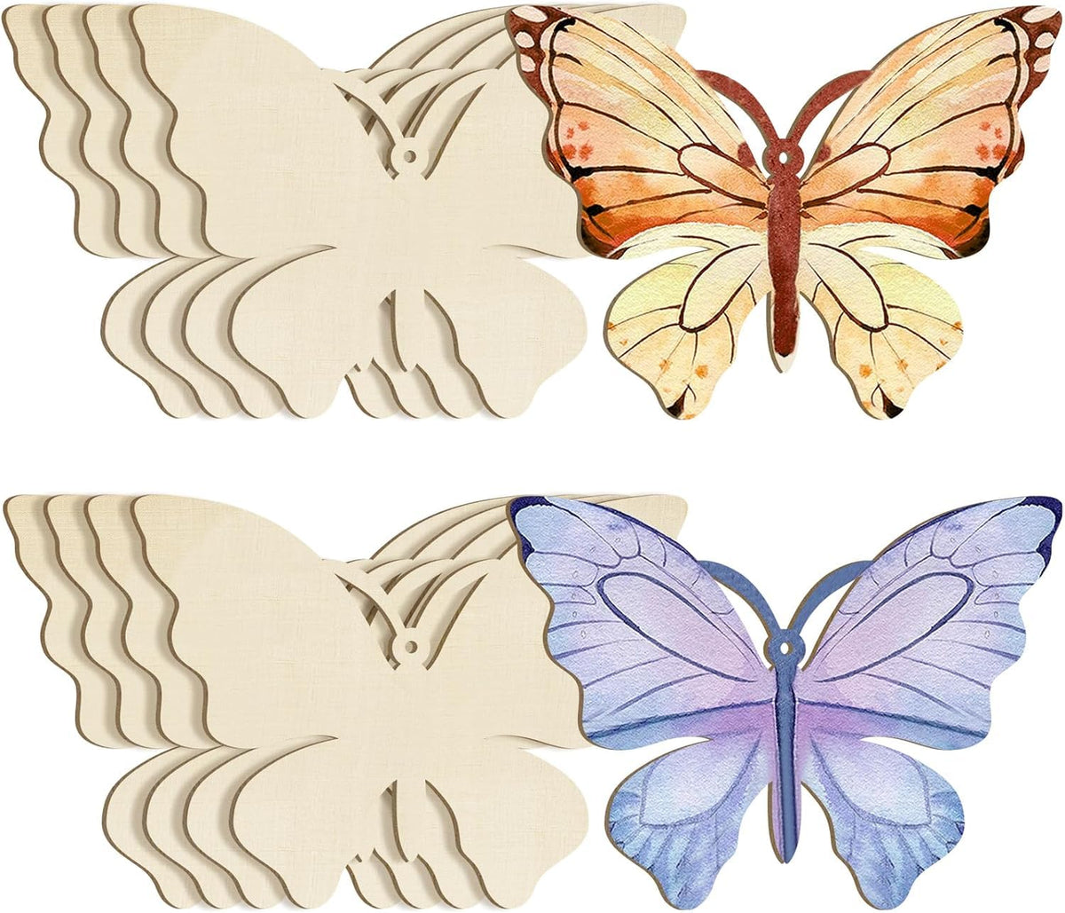 Butterfly-shaped wooden cutouts with stained glass designs on a white background