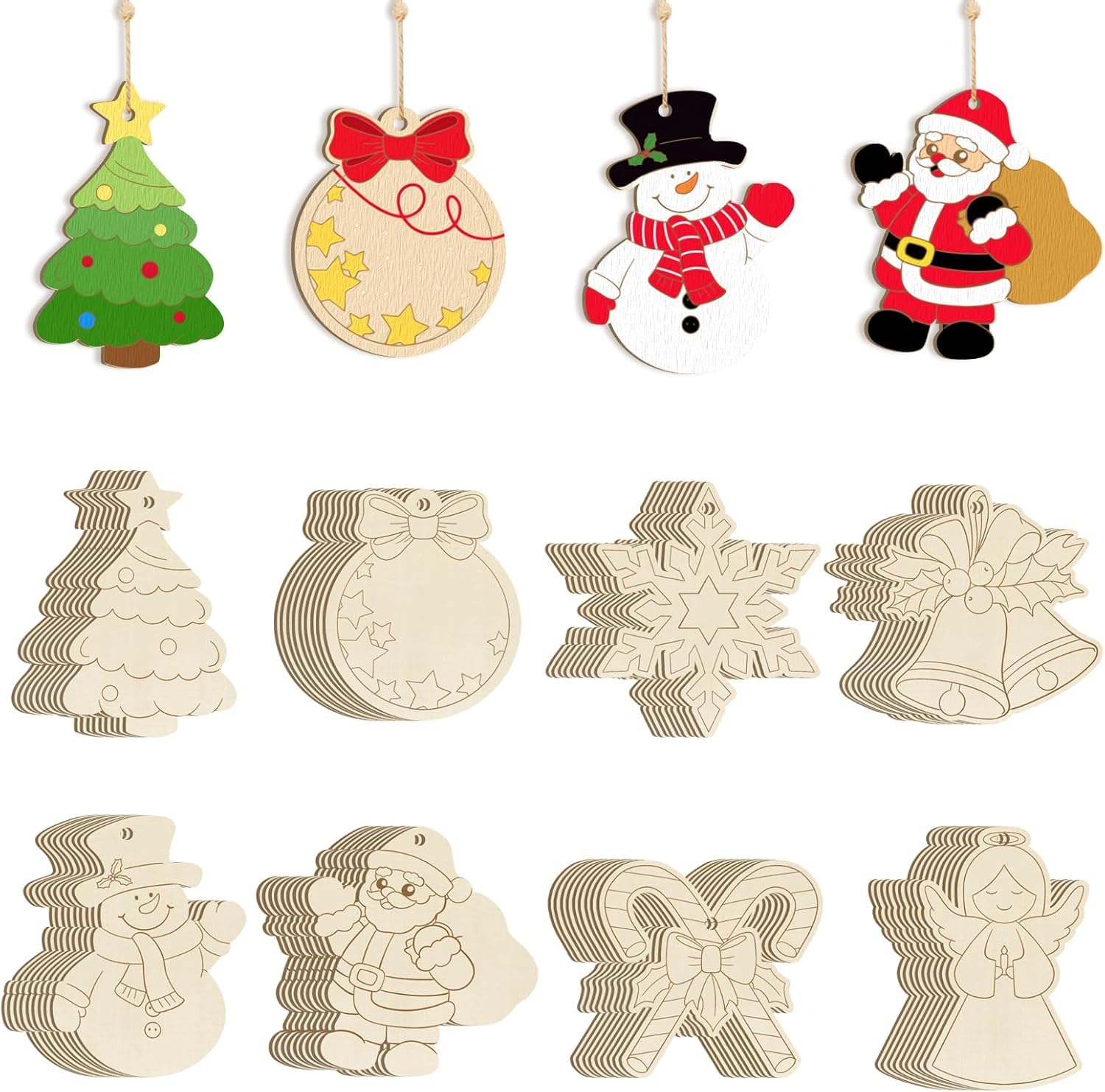 Set of Christmas-themed wooden decorations including trees, snowmen, Santa Claus, and more.