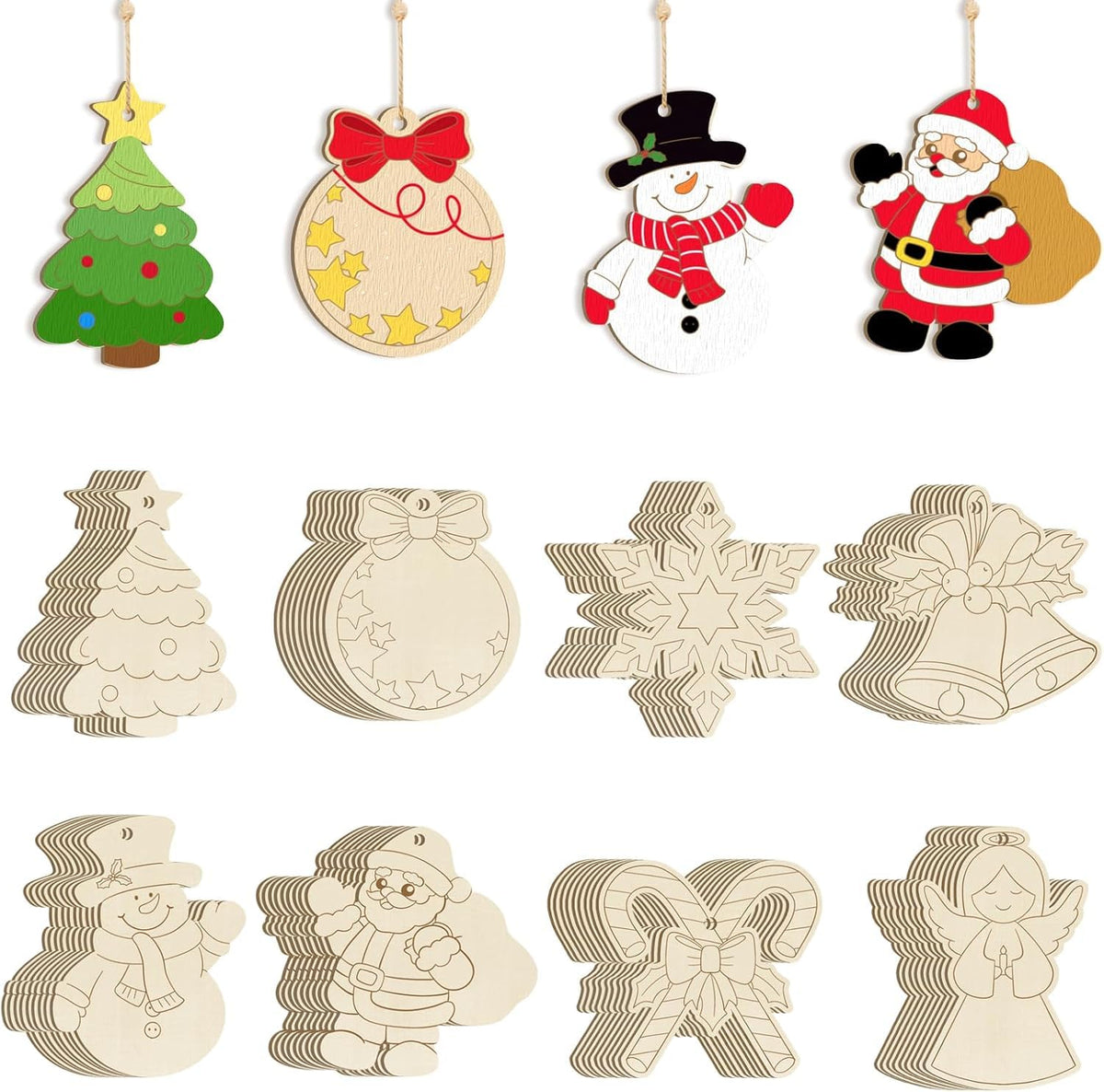 Set of Christmas-themed wooden decorations including trees, snowmen, Santa Claus, and more.
