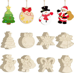Set of Christmas-themed wooden decorations including trees, snowmen, Santa Claus, and more.