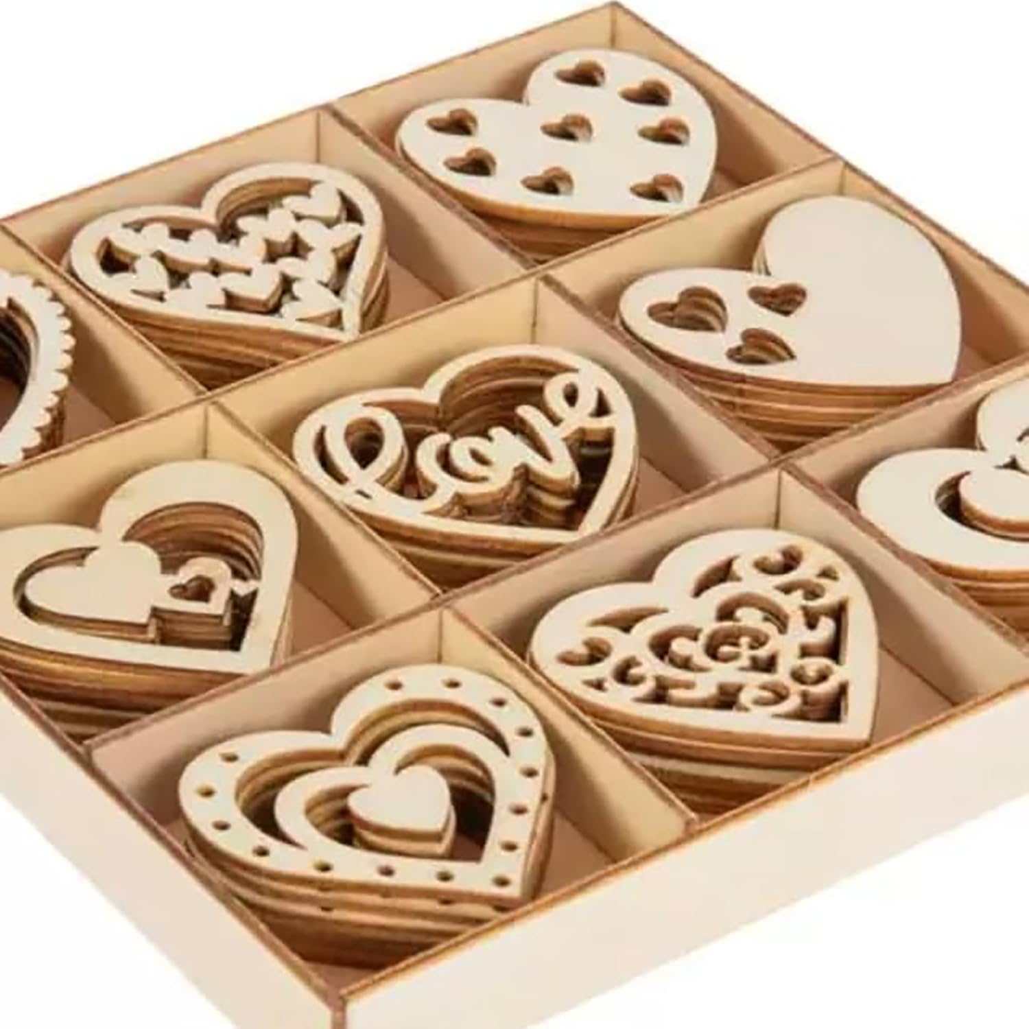 Wooden heart-shaped decorations in a box