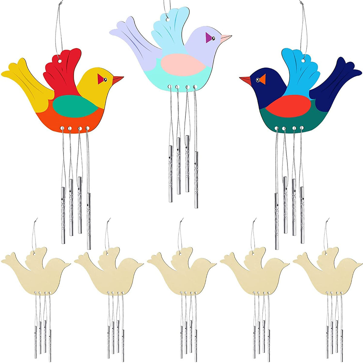 Colorful bird-shaped wind chimes on a white background