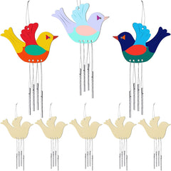 Colorful bird-shaped wind chimes on a white background