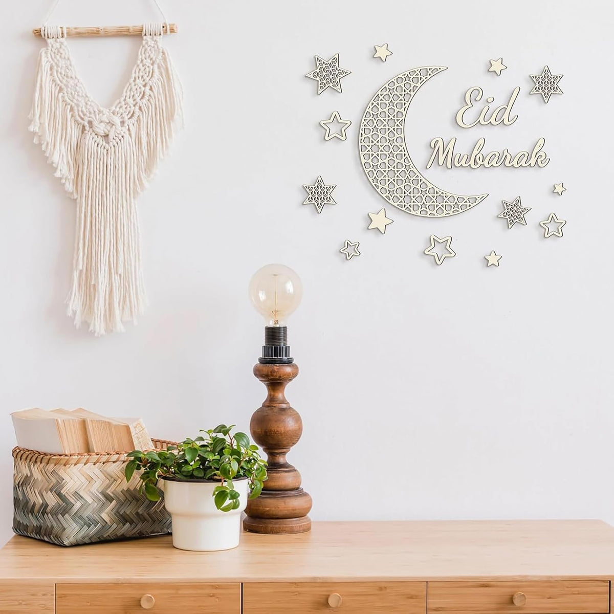 Cliths Pack of 16 Ramadan Moon Star Wooden Decor Islamic Eid Mubarak Wall Art Set Cutouts for Home
