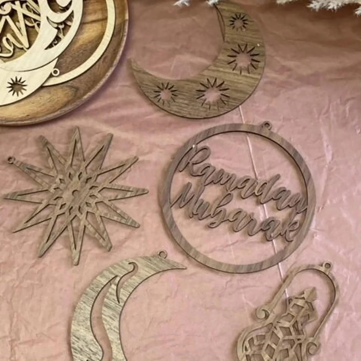 Cliths Pack of 5 Wooden Ramadan Decoration DIY Banner Set Stars Moon & Lantern Eid Mubarak Islamic Gifts