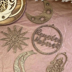 Cliths Pack of 5 Wooden Ramadan Decoration DIY Banner Set Stars Moon & Lantern Eid Mubarak Islamic Gifts