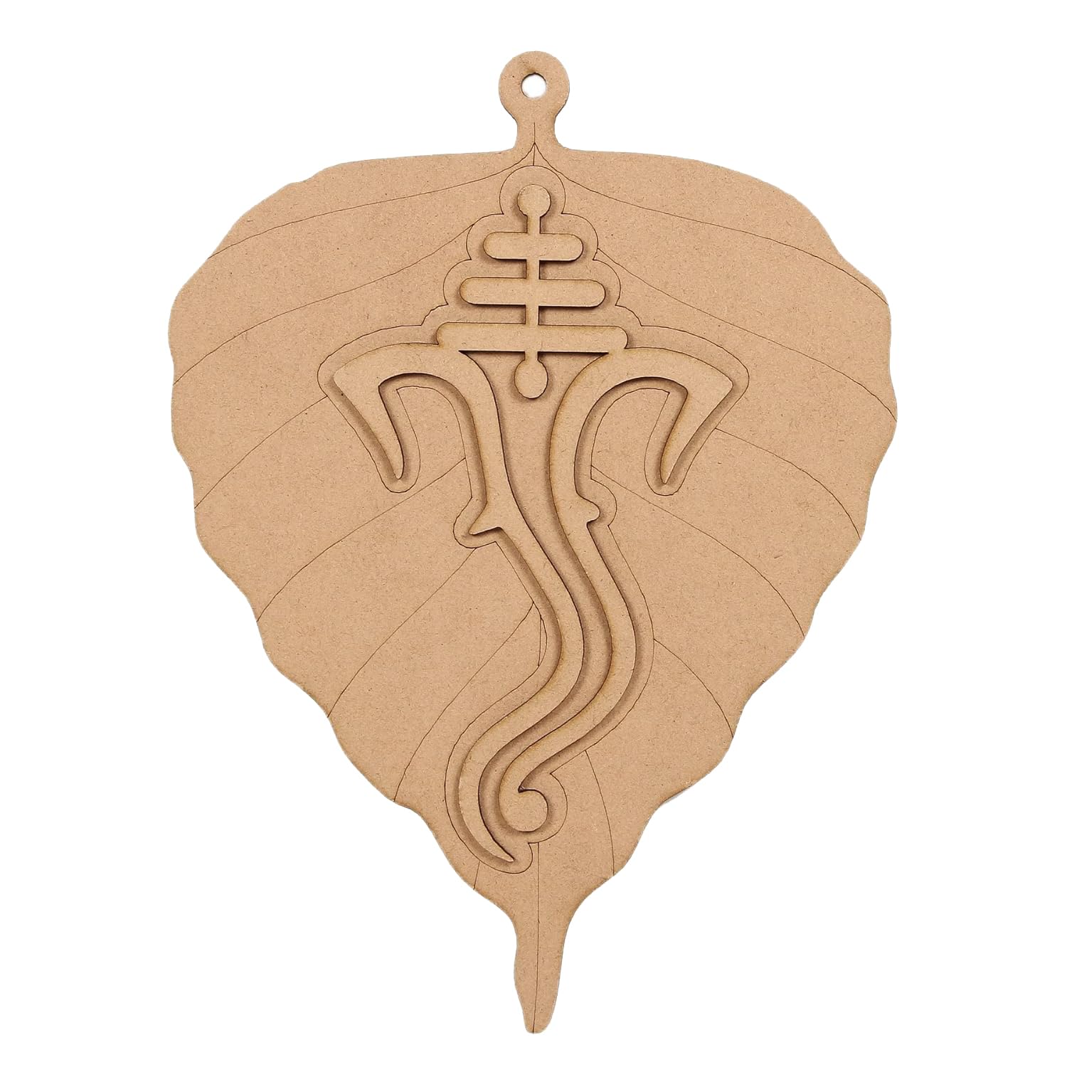 Wooden leaf-shaped ornament with a symbol in the center on a white background