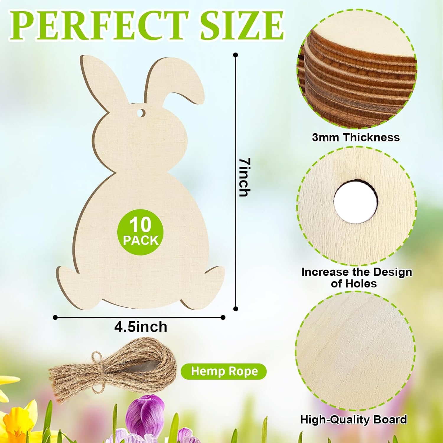 Wooden bunny shapes with measurements and details on a floral background