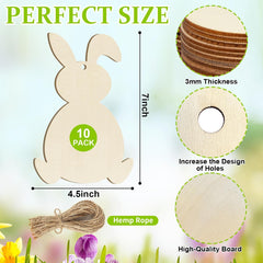 Wooden bunny shapes with measurements and details on a floral background