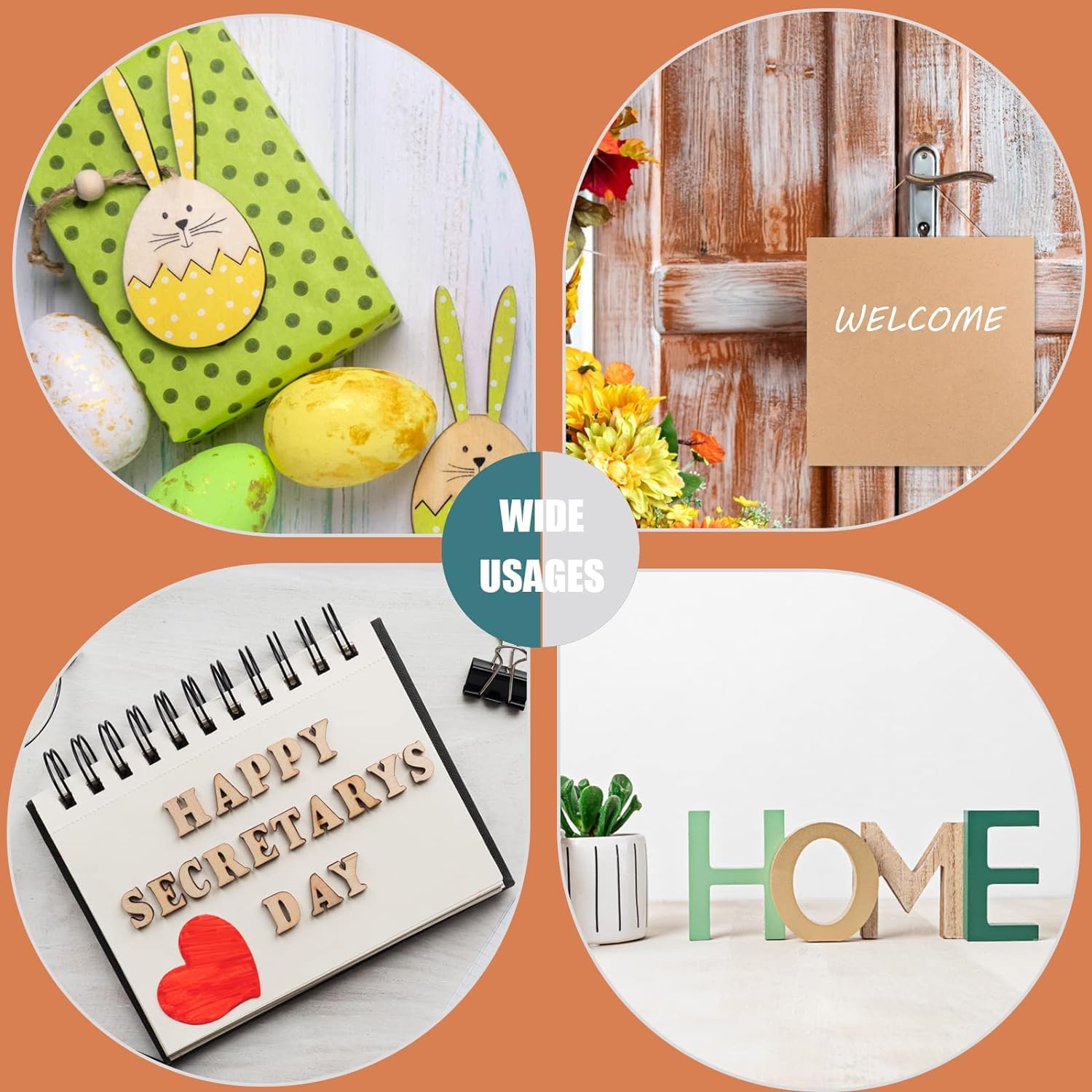 Collage of decorative items with 'Happy Secretary's Day' card, Easter decorations, 'Welcome' sign, and 'Home' letters.