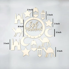 Decorative wall art with 'Eid Mubarak' text and various Islamic symbols on a light gray background.