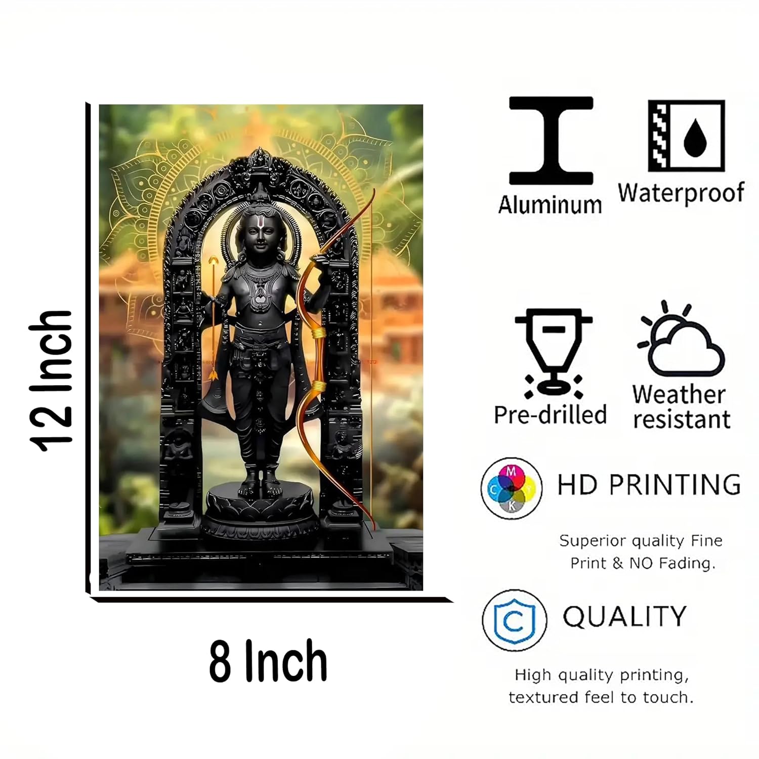 Statue in a decorative arch with product features listed on the right.