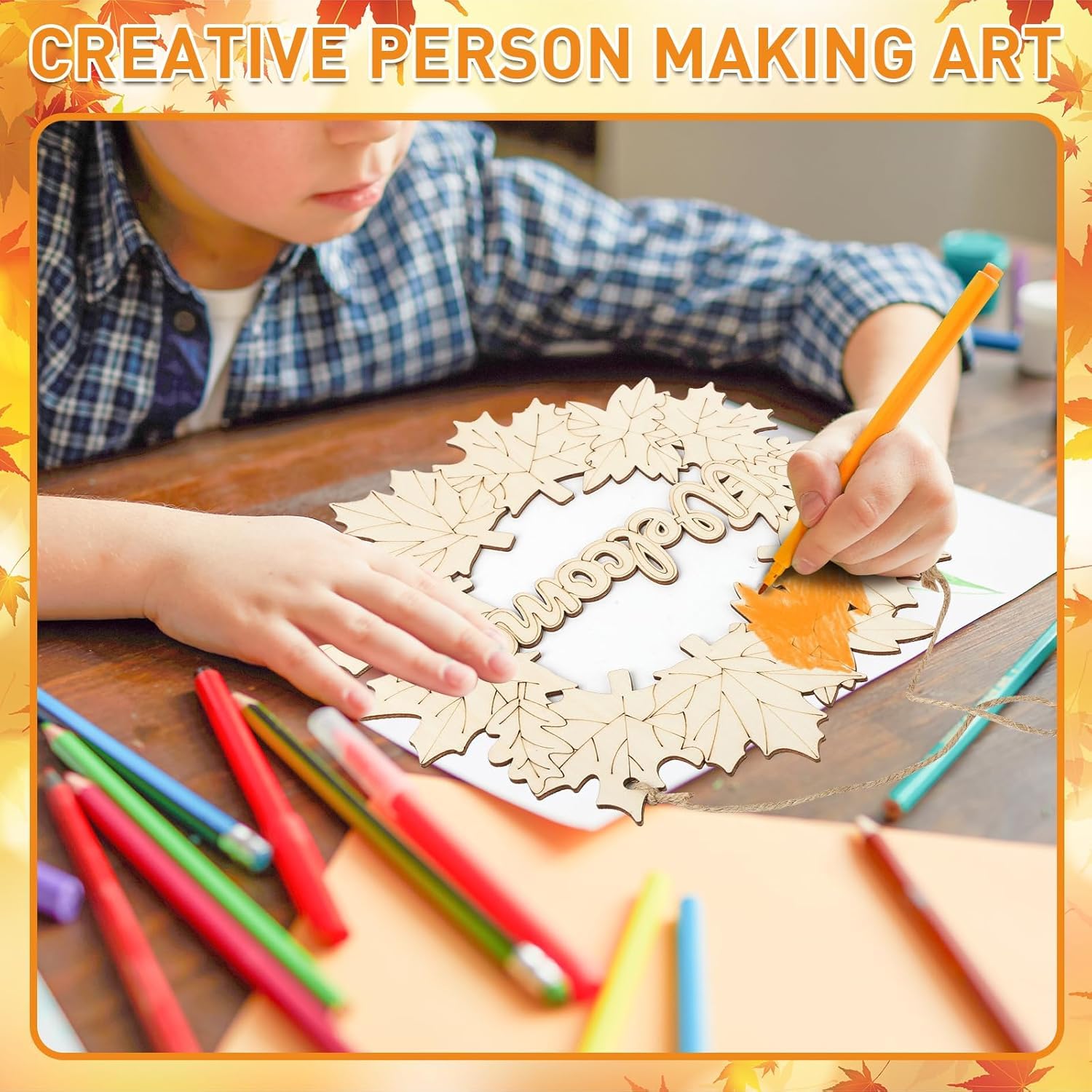 Person working on a wooden puzzle with colorful pencils on a table.