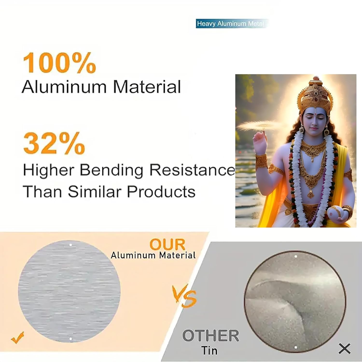 Advertisement highlighting aluminum material properties with a comparison to tin.