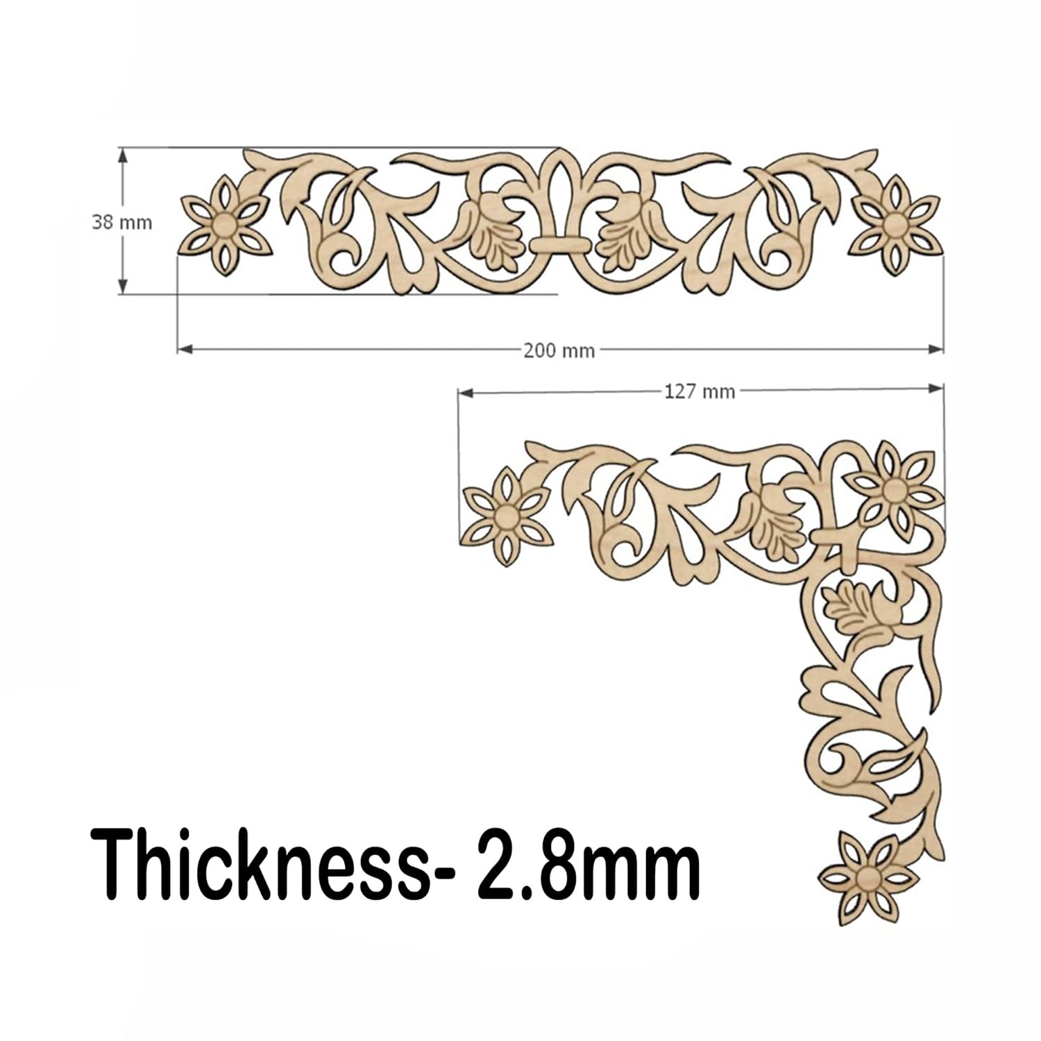Decorative corner trim with floral patterns and measurements on a white background