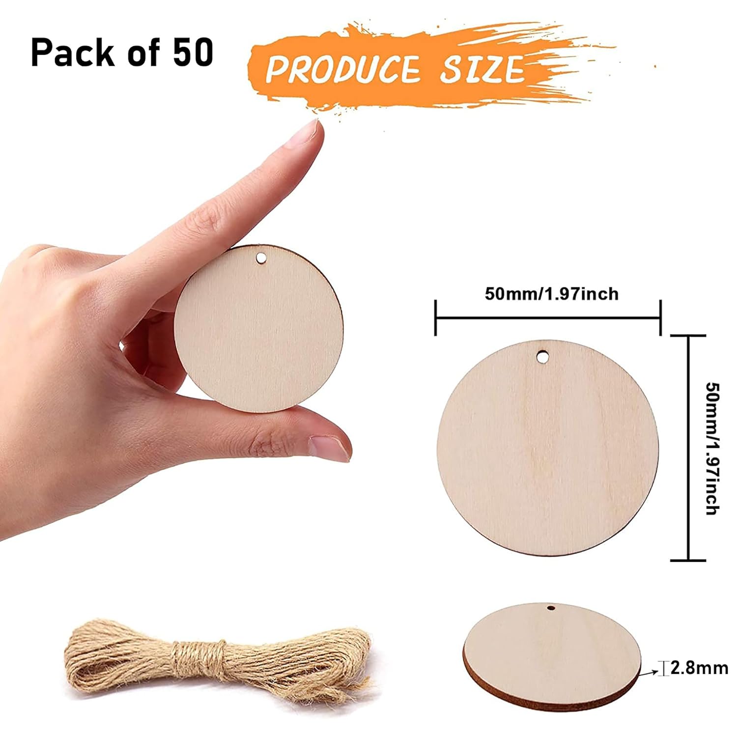 Pack of 50 wooden round tags with string, held by a hand, with measurements displayed.