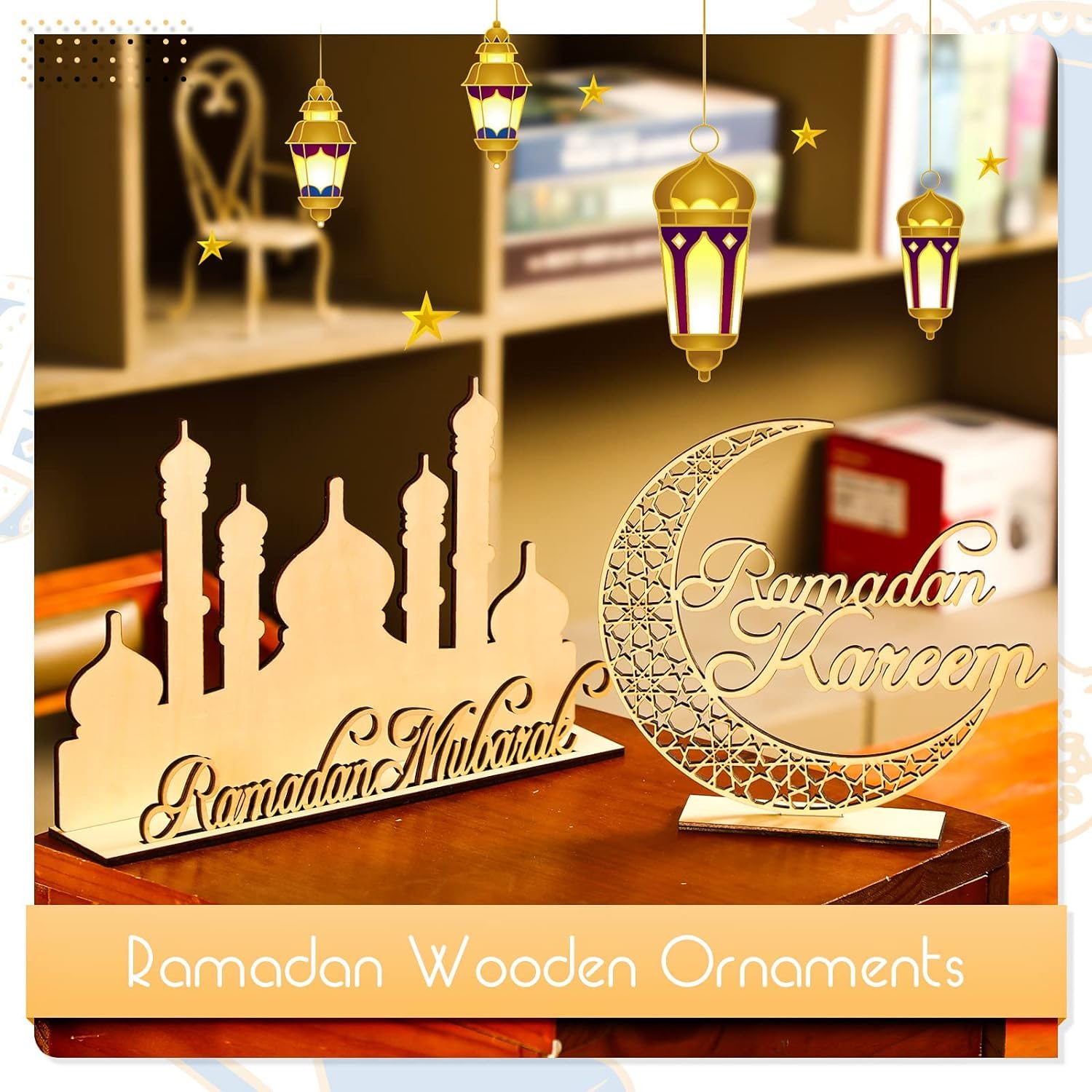 Decorative Ramadan wooden ornaments with 'Ramadan Kareem' and 'Ramadan Mubarak' text on a blurred background.