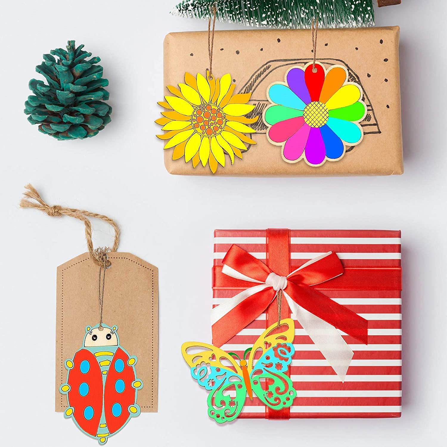 Decorative gift tags with colorful designs on a white background