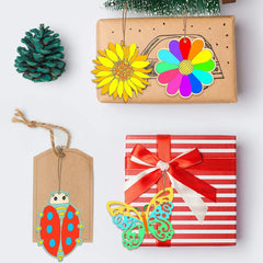 Decorative gift tags with colorful designs on a white background