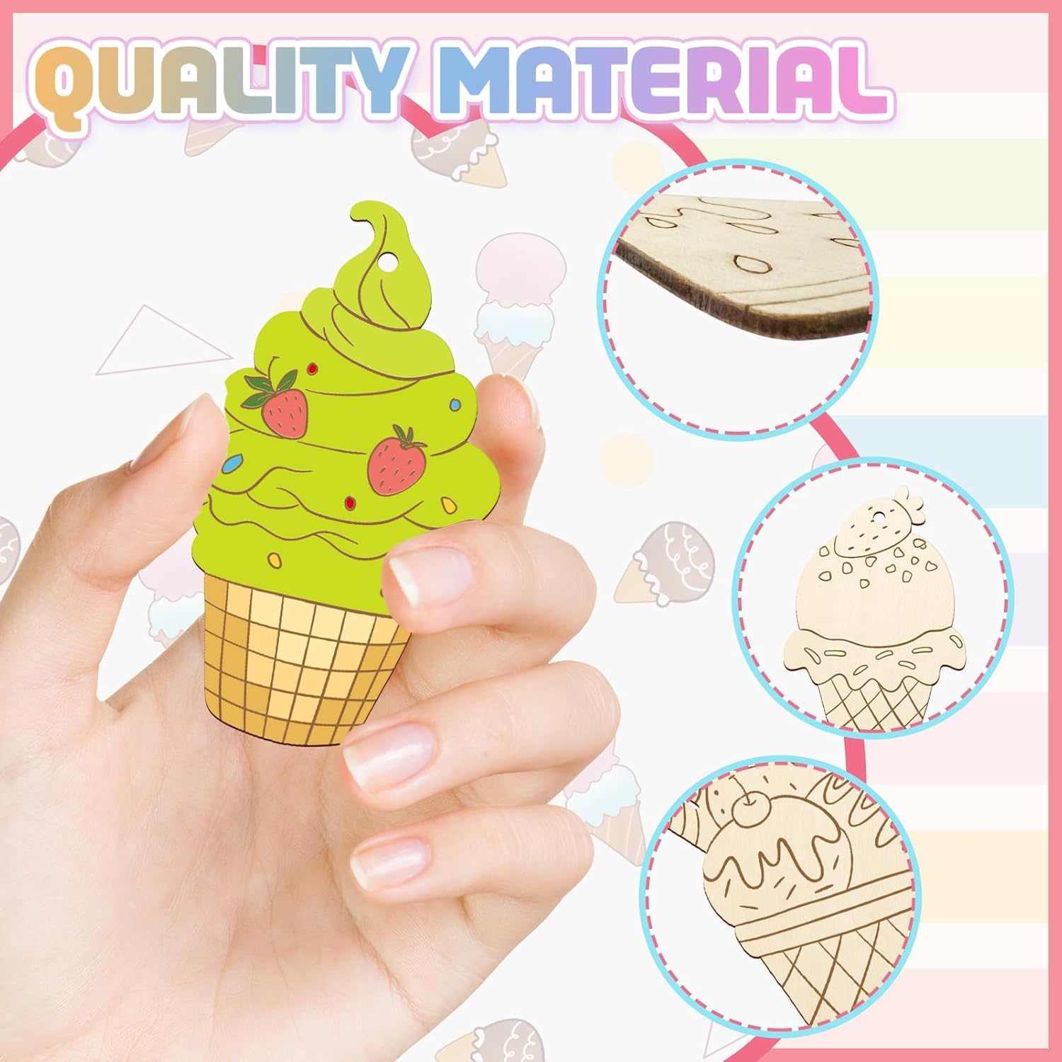 Hand holding a green ice cream-shaped wooden toy with close-up details on a colorful background.