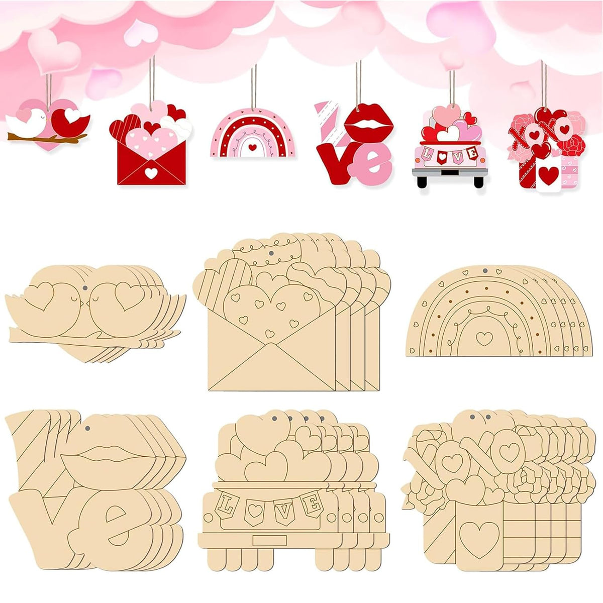 Set of wooden craft shapes with heart designs on a pink background