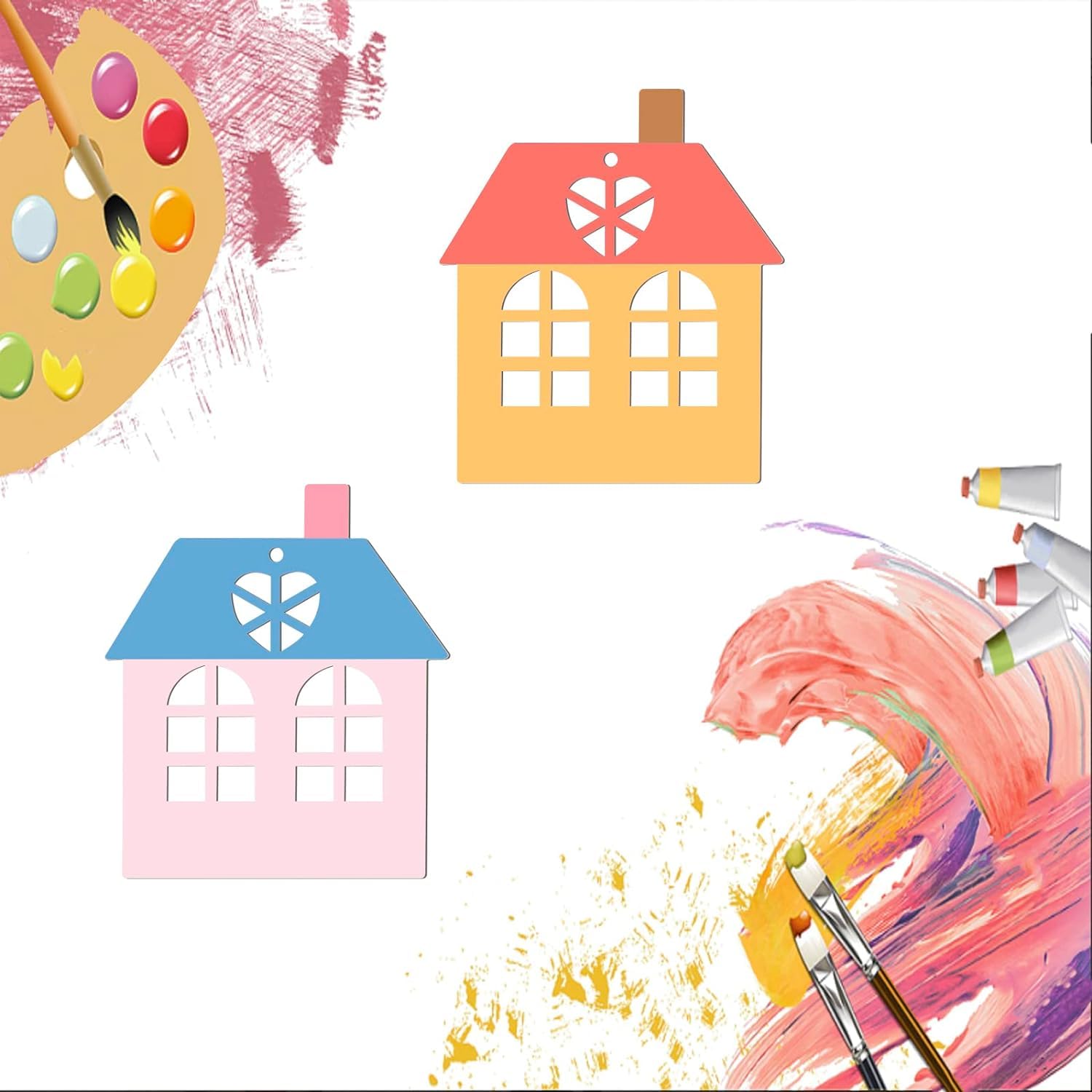 Colorful houses with a paint palette and brushes on a white background