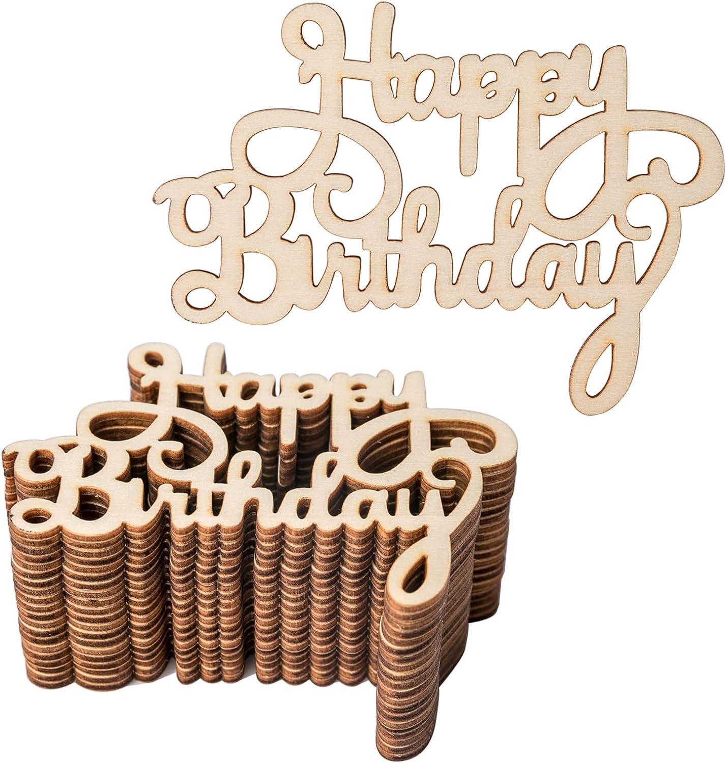 Stack of wooden 'Happy Birthday' cutouts on a white background