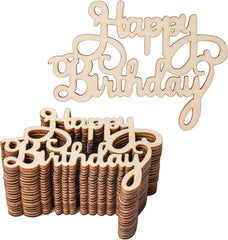 Stack of wooden 'Happy Birthday' cutouts on a white background