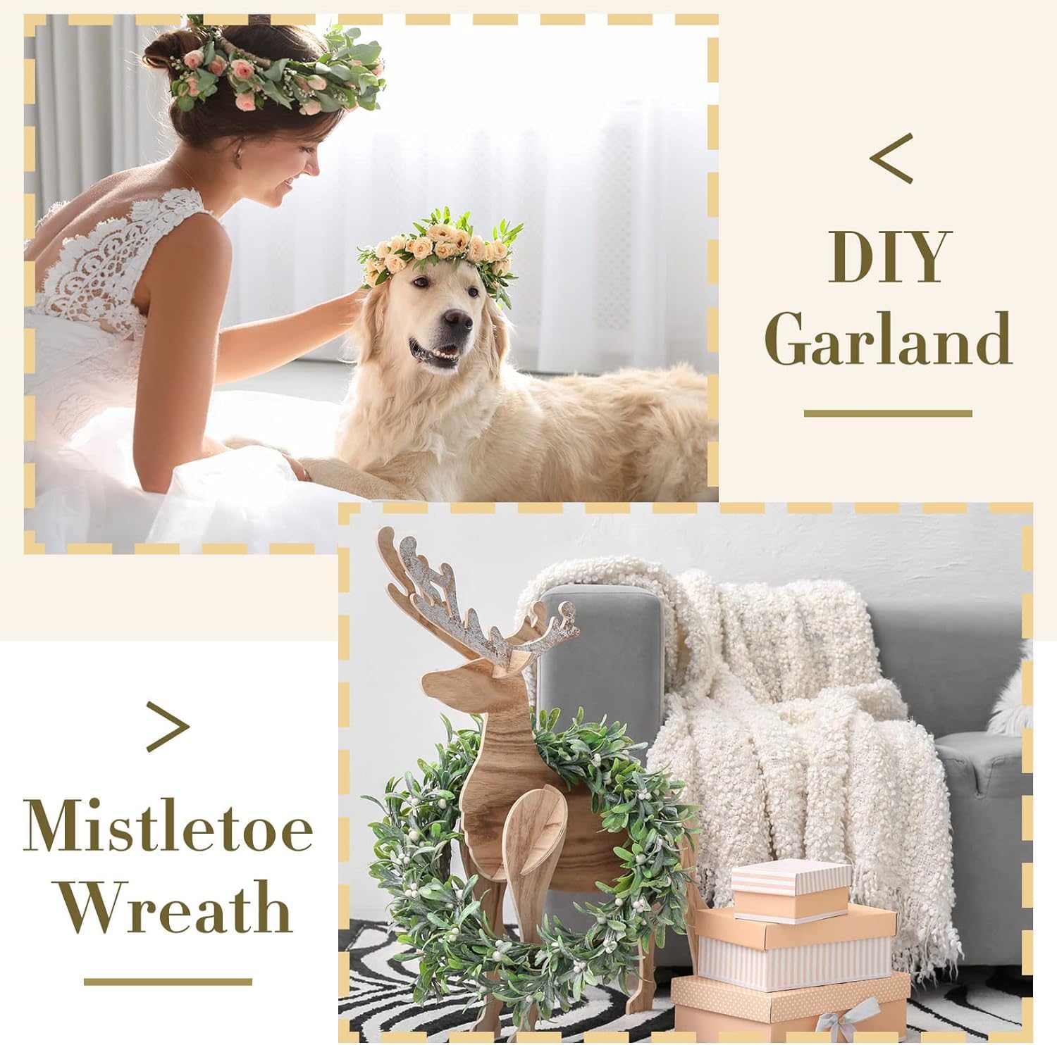 Woman and dog wearing flower crowns with text 'DIY Garland' and 'Mistletoe Wreath'.