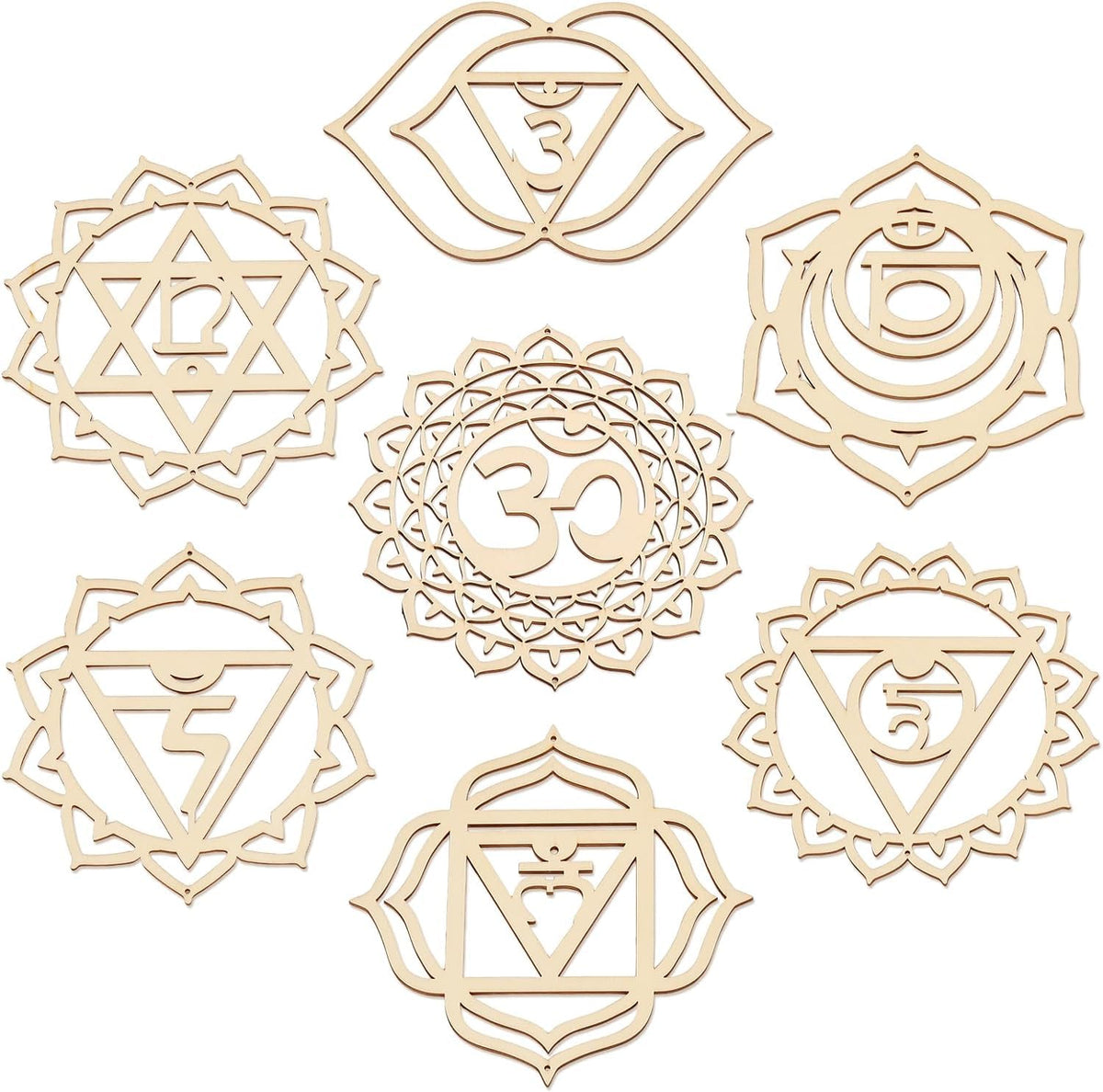 Set of wooden chakra symbols on a white background