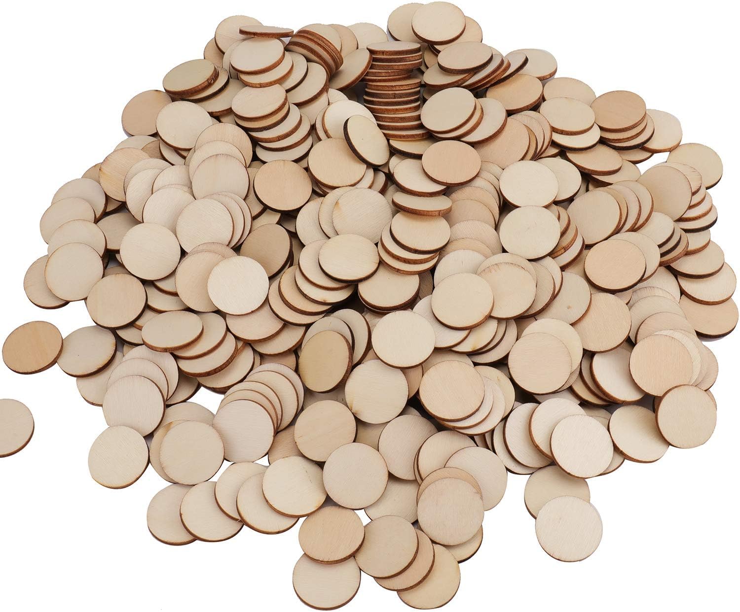 Pile of wooden discs on a white background
