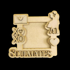 Wooden photo frame with 'Soulmates' text and decorative elements on a black background