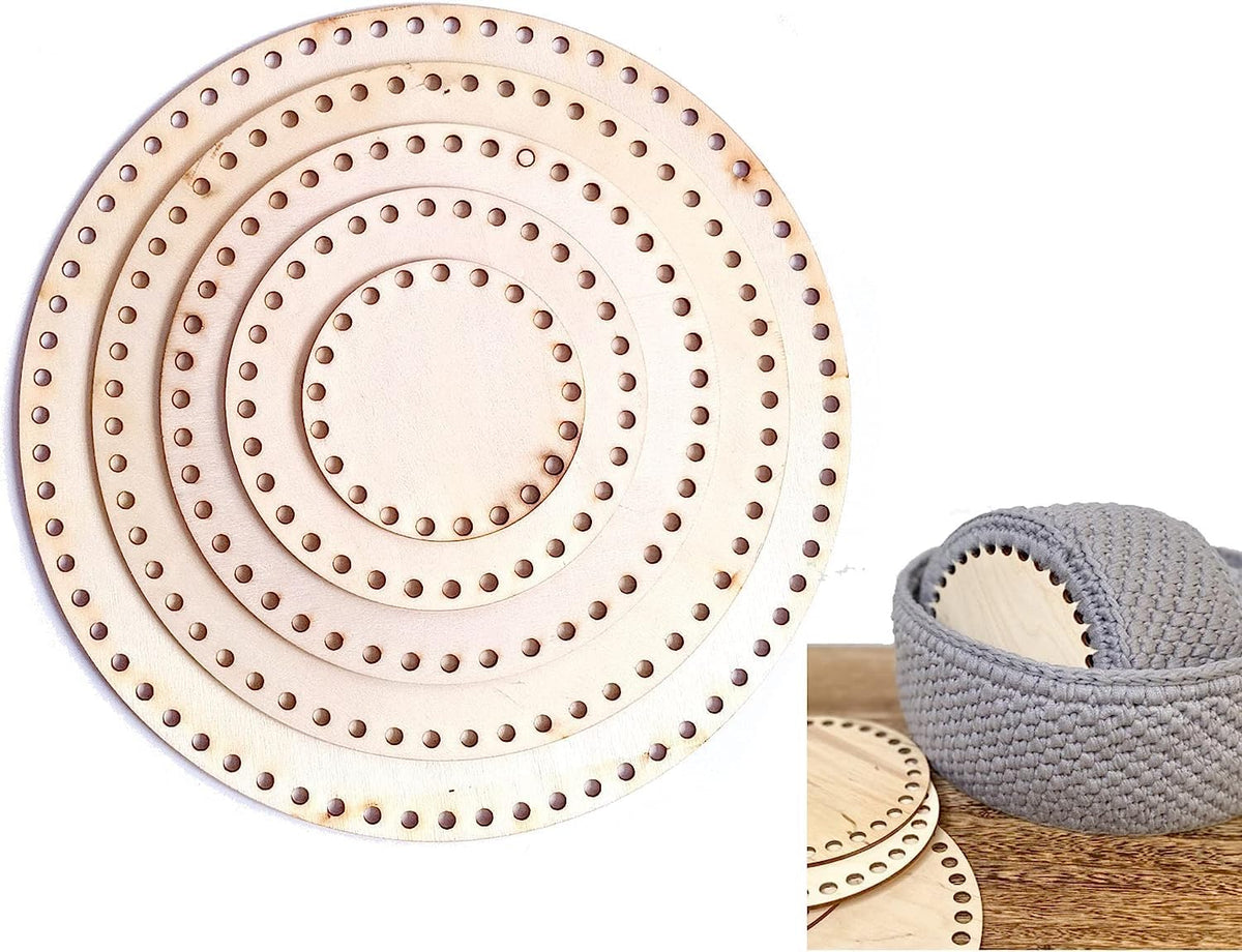 Set of wooden circular coasters with a matching woven mat on a white background