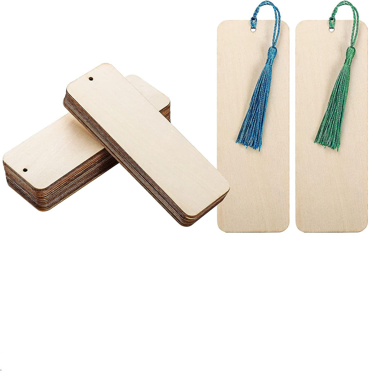 Wooden bookmarks with tassels on a white background