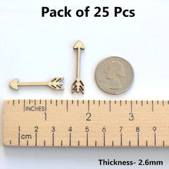Two wooden arrow-shaped objects next to a ruler and a coin, with text indicating 'Pack of 25 Pcs' and 'Thickness- 2.6mm'.