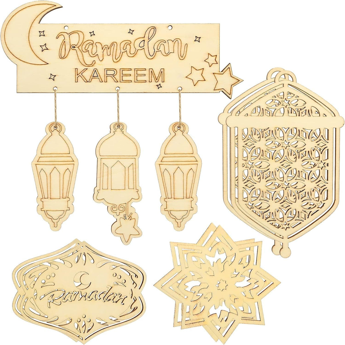 Decorative wooden cutouts with Ramadan Kareem text and lantern designs on a white background