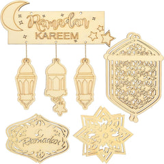 Decorative wooden cutouts with Ramadan Kareem text and lantern designs on a white background